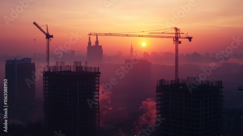 Construction cranes silhouetted against a sunset skyline.