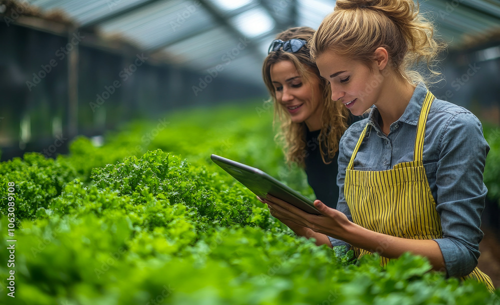 Women tending lettuce crops with tablets. Two women review plans on a tablet while surrounded by lush lettuce in a greenhouse during daylight. Women tending lettuce crops with tablets. Two women review plans on a tablet while surrounded by lush lettuce in a greenhouse during daylight.