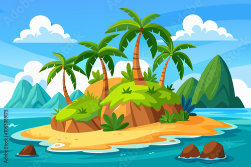 Summer landscape of the tropical island with rocky seashore