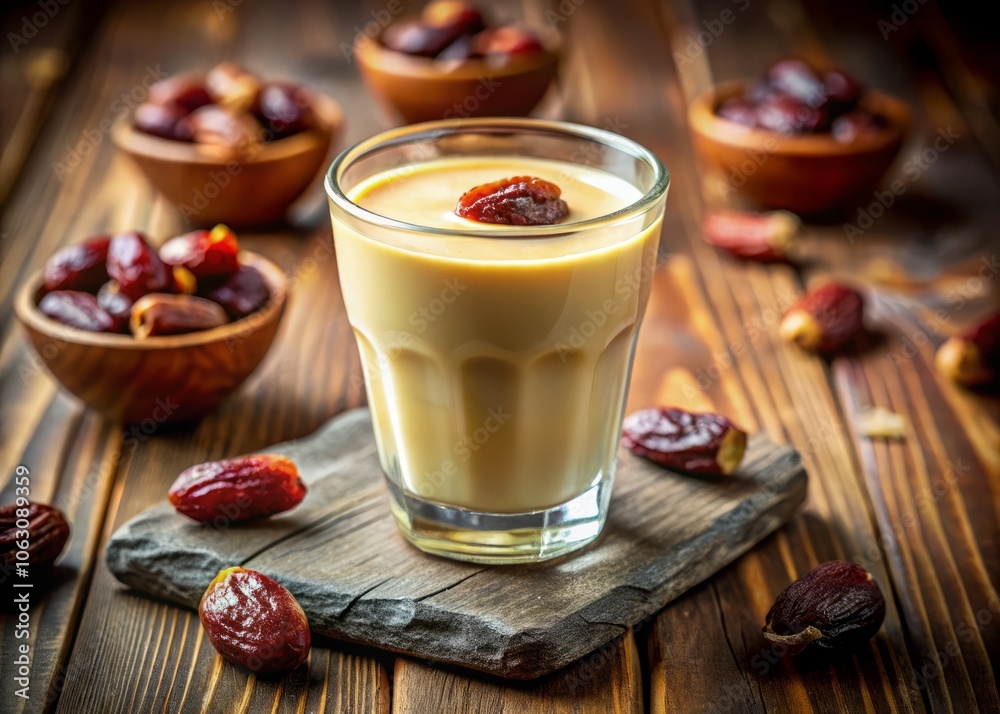 Indulge in Creamy Date Juice Topped with Fresh Dates: A Delightful Beverage Experience Captured in Tilt-Shift Photography