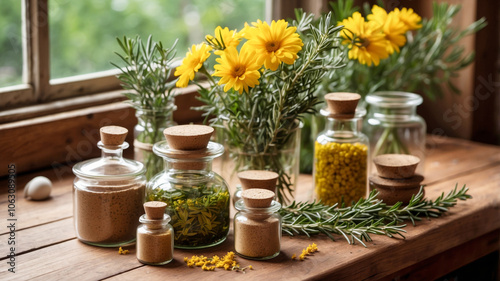 A variety of natural and herbal elements arranged on a wooden surface. Alternative herbal medicine concept.