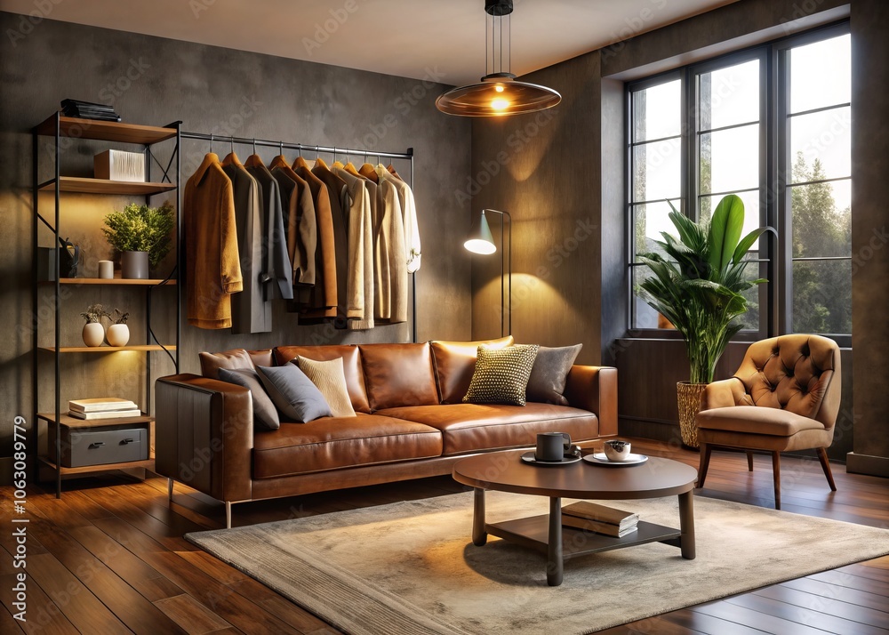 Naklejka premium Interior of a Modern Living Room Featuring a Cozy Brown Sofa, Warm Blanket, and Clothing Rack Decorated in a Contemporary Style with Soft Lighting for a Welcoming Ambiance