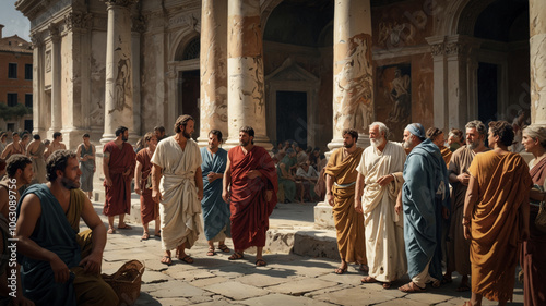 Ancient Rome street scene with people walking photo