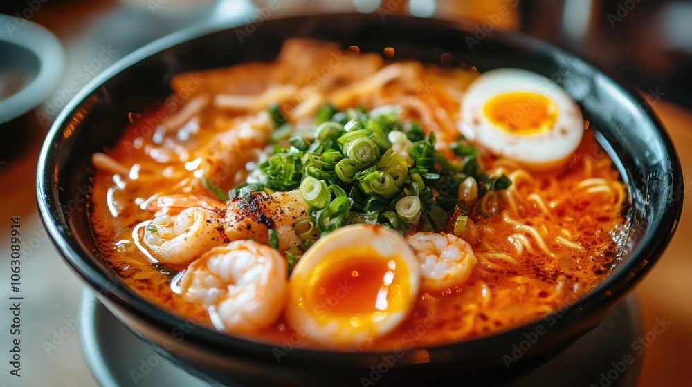 A mouthwatering bowl of spicy seafood ramen, filled with tender squid, A mouthwatering bowl of spicy seafood ramen, filled with tender squid,