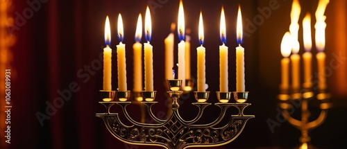 Elegant menorah with lit candles in a warm, festive setting