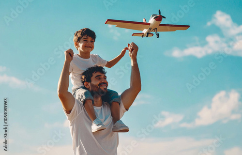 Father and son enjoying a model airplane in a park. A father carries his son on his shoulders while they play with a model airplane outdoors on a sunny day. photo