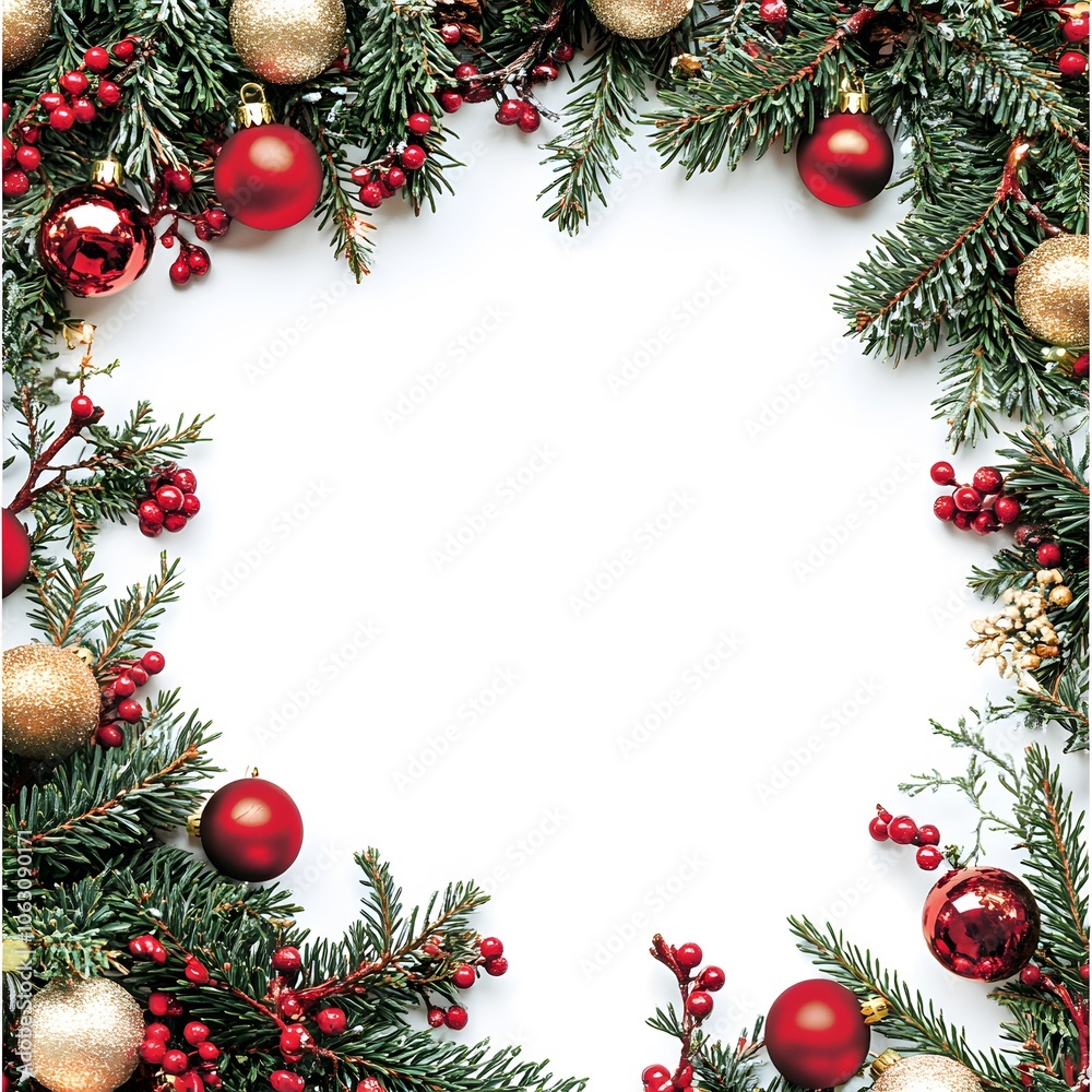 Festive Christmas Border with Pine Branches, Red Baubles, and Berries Festive Christmas Border with Pine Branches, Red Baubles, and Berries