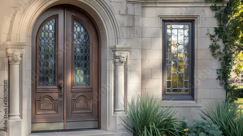 Elegant wooden double doors with intricate glass panels, framed by classic stone architecture and lush greenery, welcoming entrance to a beautiful home.