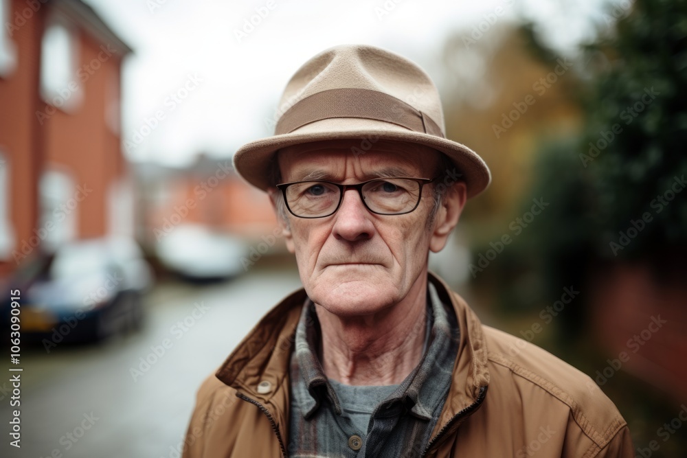 Portrait of an elderly man with hat and glasses in the city