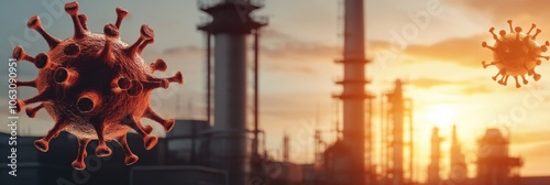 A digital illustration depicting virus structures against an industrial landscape at sunset, conveying themes of health and environmental impact. photo