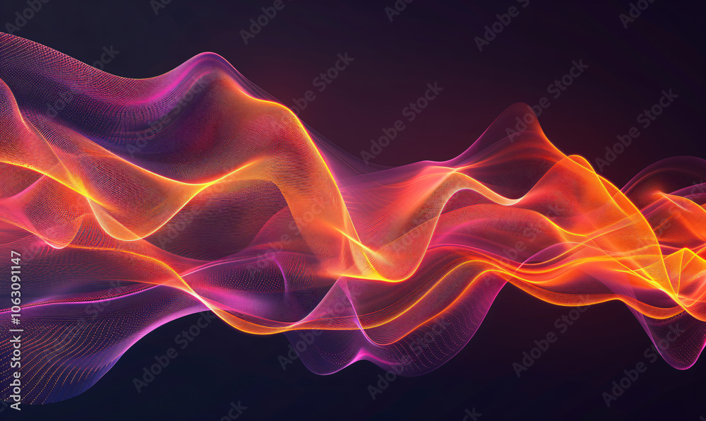 Obraz premium Abstract background with wavy lines and waves of light in orange, red and purple colors on a black background. Abstract art design element for creative concepts, technology, music or digital concepts.