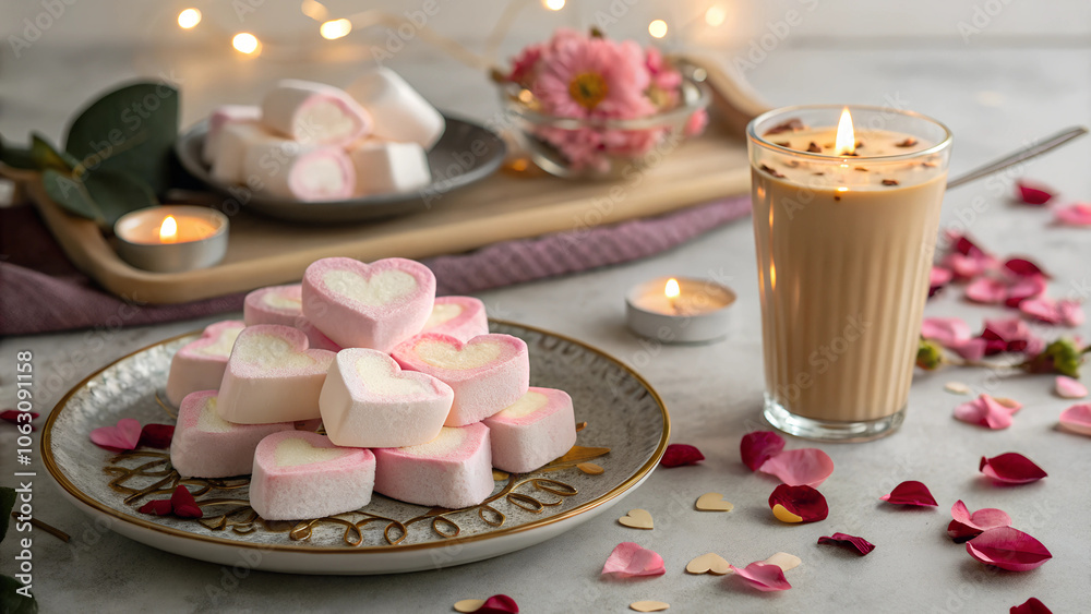 Elegant marshmallows and milkshakes, in the shape of a heart Elegant marshmallows and milkshakes, in the shape of a heart