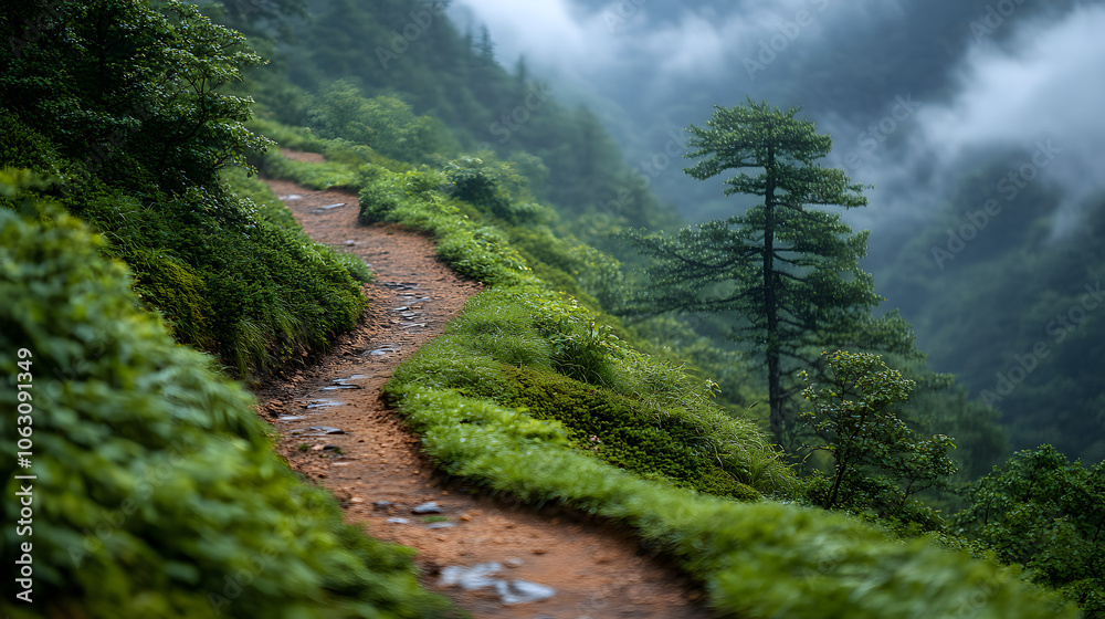 A Narrow Hiking Trail Winding Through Mountainous Terrain with Lush Greenery and Scenic Views
A Narrow Hiking Trail Winding Through Mountainous Terrain with Lush Greenery and Scenic Views