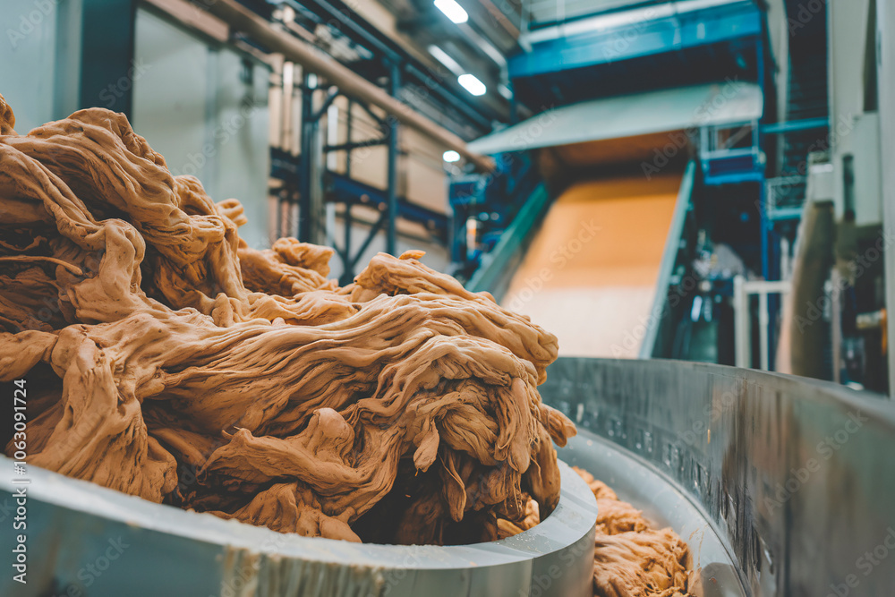 Modern Paper Production Process. A detailed view of the industrial paper production process, showcasing raw pulp being processed on advanced machinery. Modern Paper Production Process. A detailed view of the industrial paper production process, showcasing raw pulp being processed on advanced machinery.
