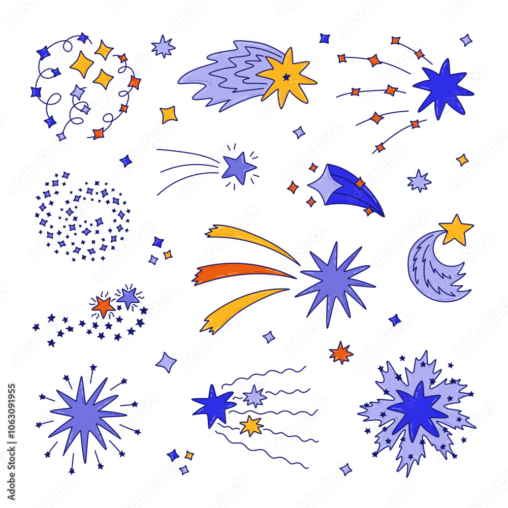 Big colorful cute set of star dust, spiral twinkle cloud, falling star with hand drawn doodle outline. Sparkling magical stardust, comet shower. Astrology, astronomy, universe, Christmas element. Big colorful cute set of star dust, spiral twinkle cloud, falling star with hand drawn doodle outline. Sparkling magical stardust, comet shower. Astrology, astronomy, universe, Christmas element.