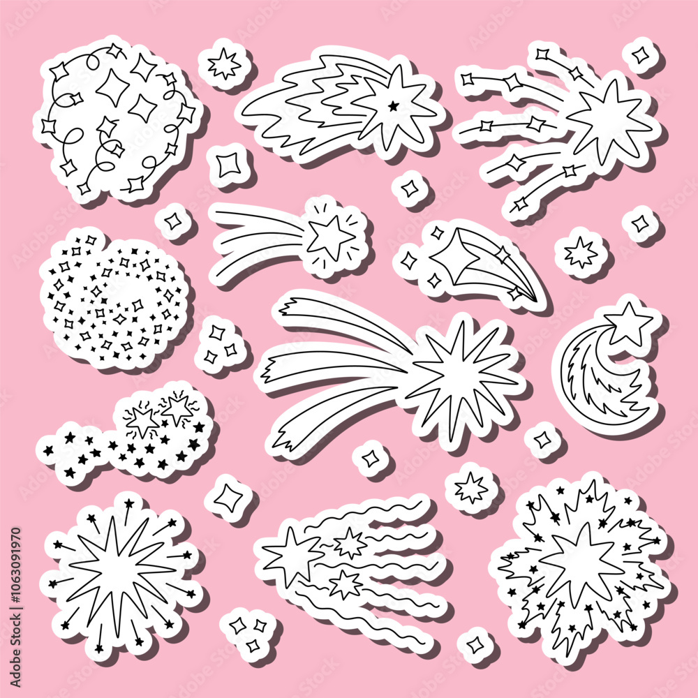 Naklejka premium Big doodle set of stickers of falling star dust, spiral twinkle cloud for planners, notebooks. Ready for print list of cute stickers. Sparkling magical stardust, comet shower with hand drawn outline