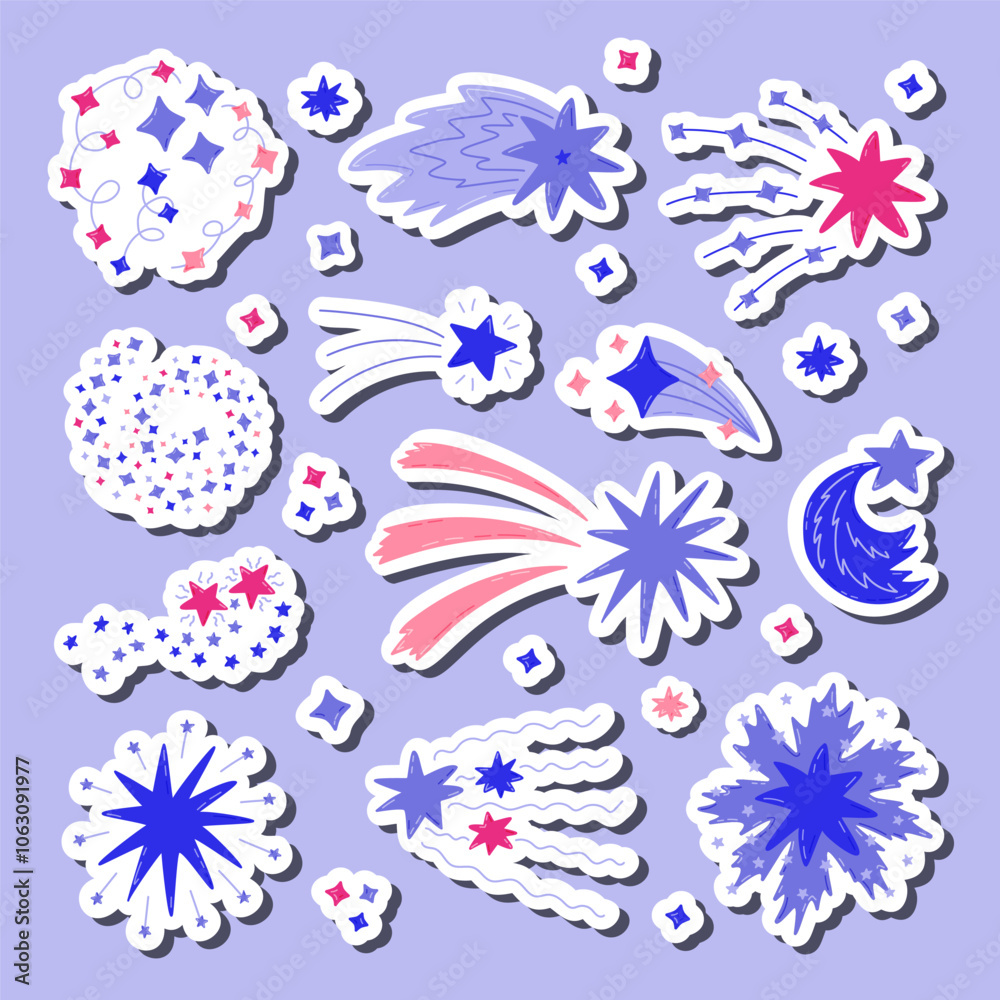 Obraz premium Big cartoon set of stickers of star dust, spiral twinkle cloud, falling star for planners, notebooks. Ready for print list of cute stickers. Hand drawn sparkling magical lights, comet shower.