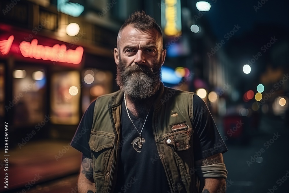 Portrait of a man with a long beard and mustache in the city at night Portrait of a man with a long beard and mustache in the city at night