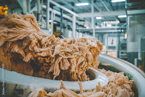 Modern Paper Production Process. A detailed view of the industrial paper production process, showcasing raw pulp being processed on advanced machinery.  photo