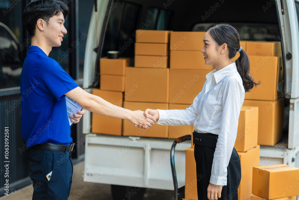 Businessmen shaking hands after successfully agreeing to start a new trade business Businessmen shaking hands after successfully agreeing to start a new trade business