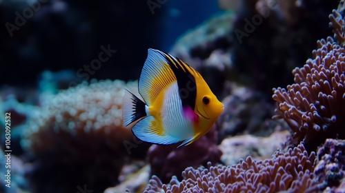 Vibrant butterflyfish swimming gracefully among coral reefs in a clear tropical ocean at midday