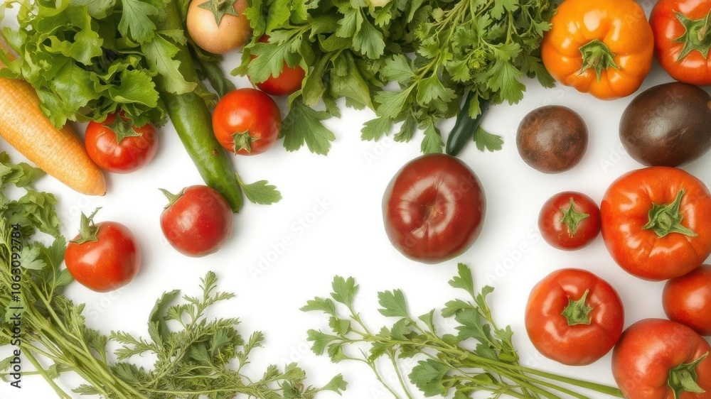 Assorted fresh ripe vegetables and herbs isolated on white background, isolated, colorful Assorted fresh ripe vegetables and herbs isolated on white background, isolated, colorful