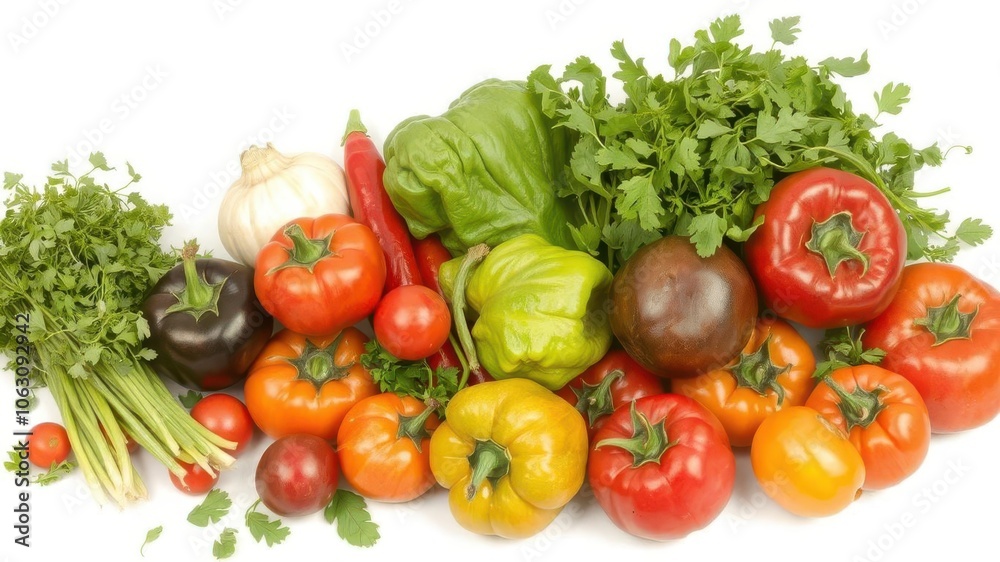 Assorted fresh ripe vegetables and herbs isolated on white background, parsley Assorted fresh ripe vegetables and herbs isolated on white background, parsley