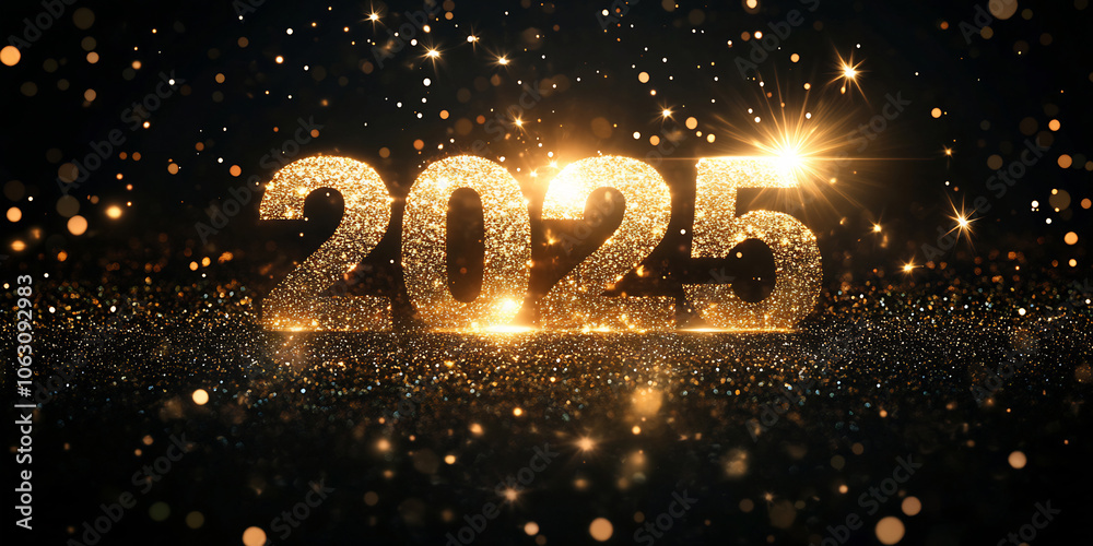 Golden 2025 with sparkling lights and shimmering background to celebrate the New Year Golden 2025 with sparkling lights and shimmering background to celebrate the New Year