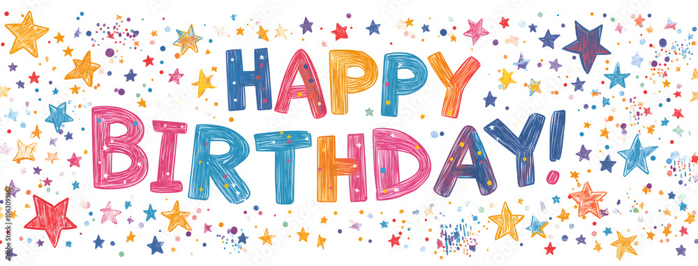 Happy Birthday Text with Stars and Bright Colors
