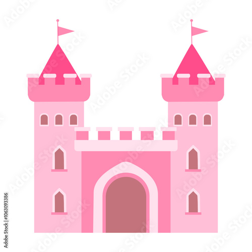 A beautiful pink castle with a pink flag on top. The castle is made of stone and has a pink roof. The castle is located in a picturesque setting