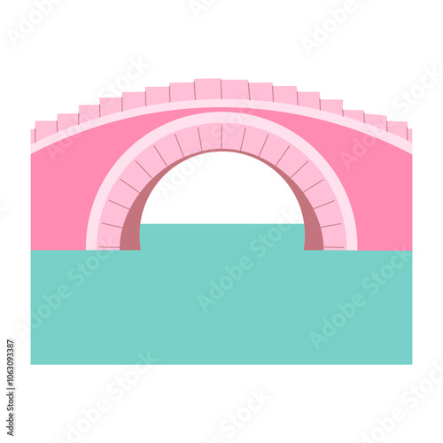 A beautiful pink bridge spans across a body of water, with a blue hue to the water below. The bridge is a prominent feature in the scene, drawing the viewer's attention to its elegant design