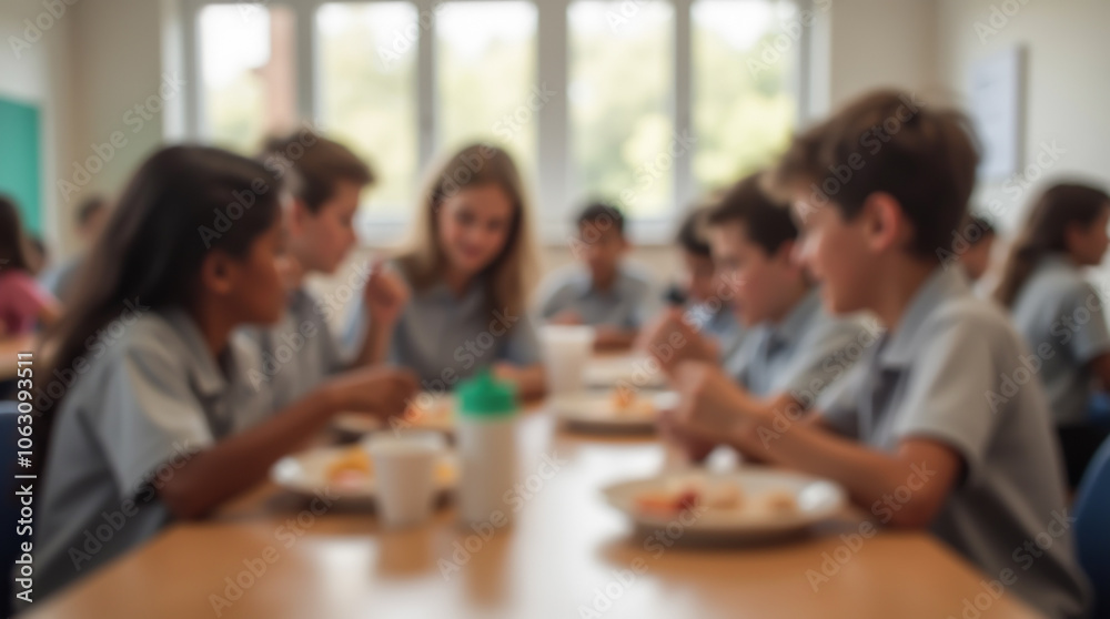 School cafeteria with students eating and discussing school topics over lunch, blurred image School cafeteria with students eating and discussing school topics over lunch, blurred image