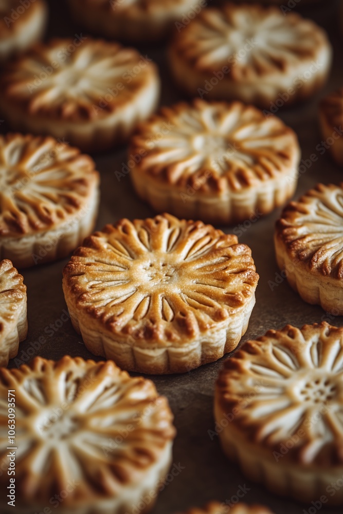 Freshly baked pastries arranged neatly on a baking sheet in a warm kitchen, showcasing intricate floral designs and golden-brown crusts Freshly baked pastries arranged neatly on a baking sheet in a warm kitchen, showcasing intricate floral designs and golden-brown crusts