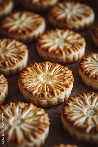 Freshly baked pastries arranged neatly on a baking sheet in a warm kitchen, showcasing intricate floral designs and golden-brown crusts