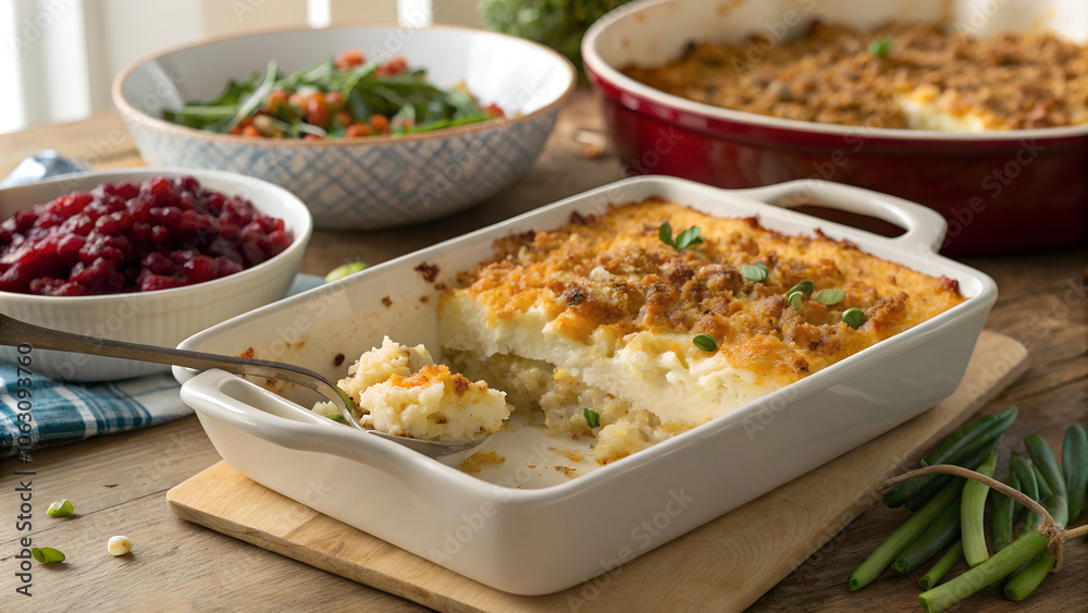 A slice of casserole from a baking dish, rich layers of creamy filling and crispy topping are visible A slice of casserole from a baking dish, rich layers of creamy filling and crispy topping are visible