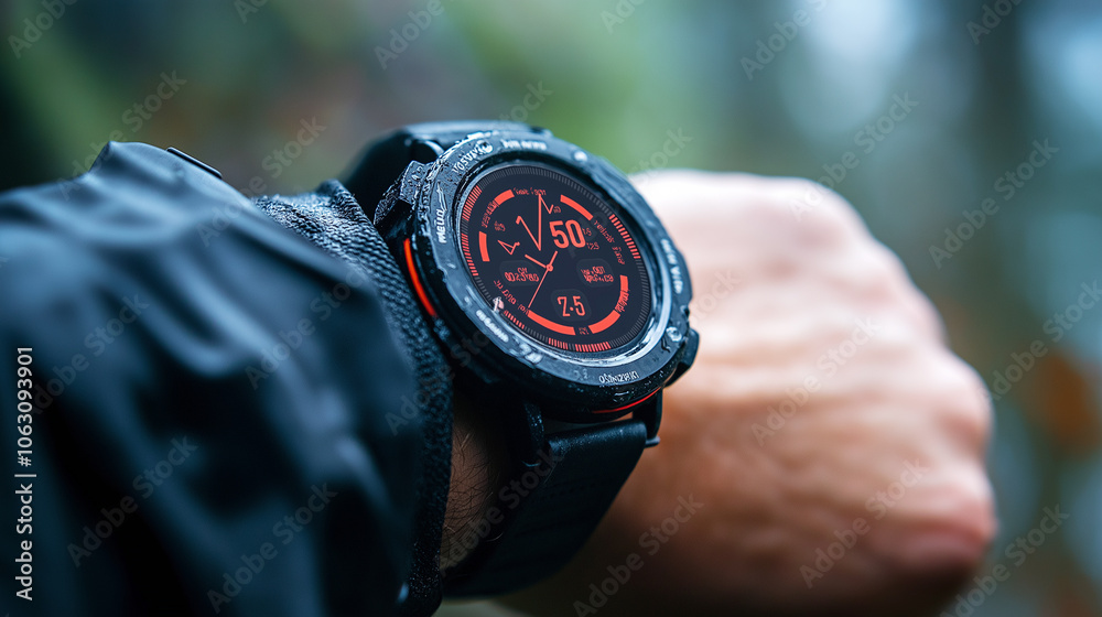 Close-up of a smart watch displaying health metrics. Close-up of a smart watch displaying health metrics.