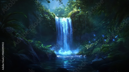 Enchanting sparkling waterfall cascading through lush greenery in a serene natural landscape.