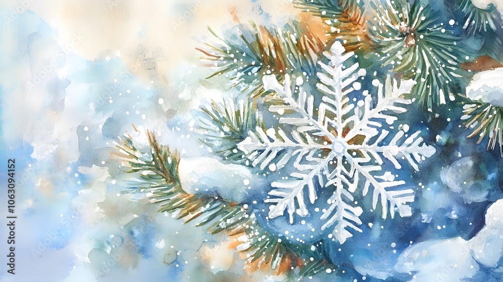 Watercolor Painting of a Snowflake on a Pine Branch Watercolor Painting of a Snowflake on a Pine Branch