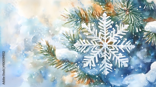 Watercolor Painting of a Snowflake on a Pine Branch