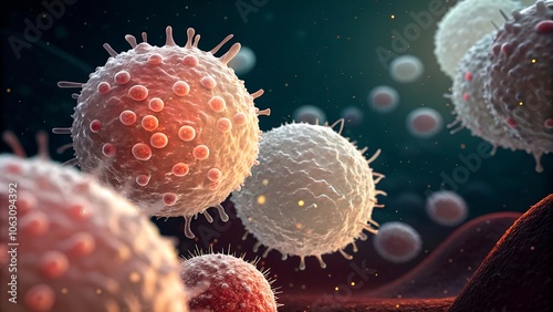 Close-up of microscopic white blood cells and pathogens in bloodstream, scientific illustration