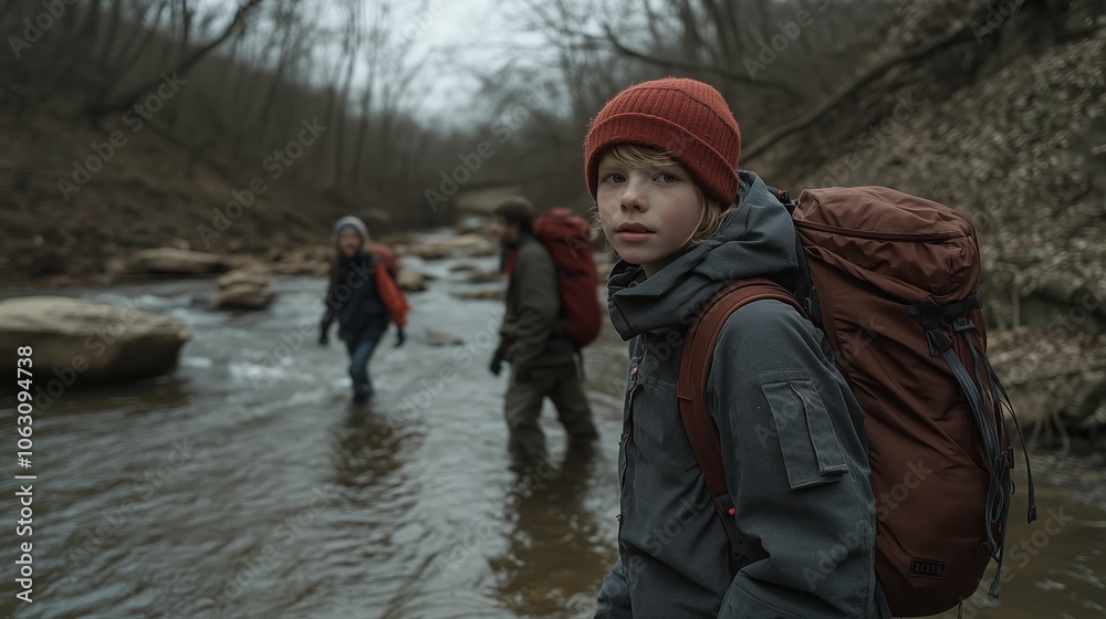 A young boy, dressed warmly in an orange knit hat and carrying a backpack, pauses while hiking through a shallow creek in a winter forest. A young boy, dressed warmly in an orange knit hat and carrying a backpack, pauses while hiking through a shallow creek in a winter forest.
