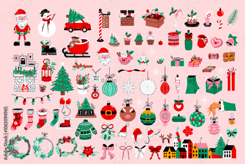 Vector huge Christmas collection with Santa Claus, gifts, holiday sweets, bows, winter town, fireplace, and decoration elements isolated on the background