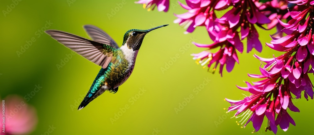 Naklejka premium Vibrant hummingbird hovering near bright pink blossoms in a lush garden