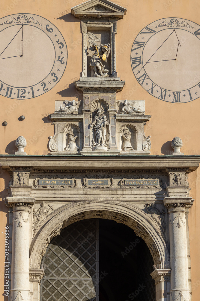 Facade of Jasna Gora Basilica with two sundials, Czestochowa, Poland