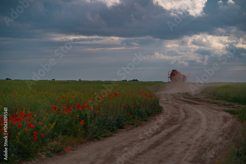 A concrete mixer walking on a field with flowers. Construction equipment on a country road at sunset photo