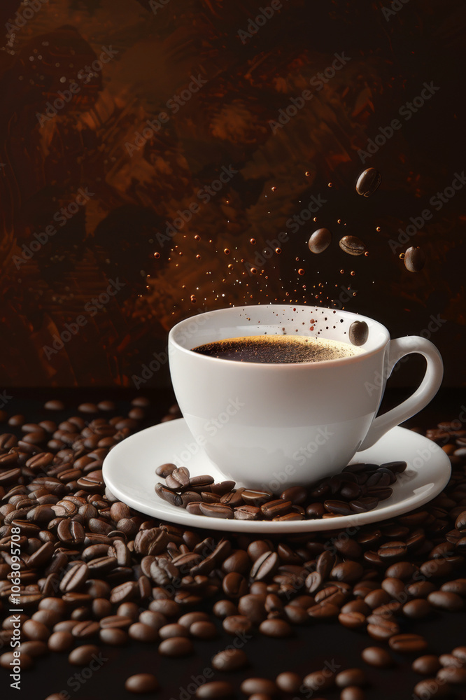 Dynamic close-up of a white cup of coffee with beans falling around it, set against a moody dark background.