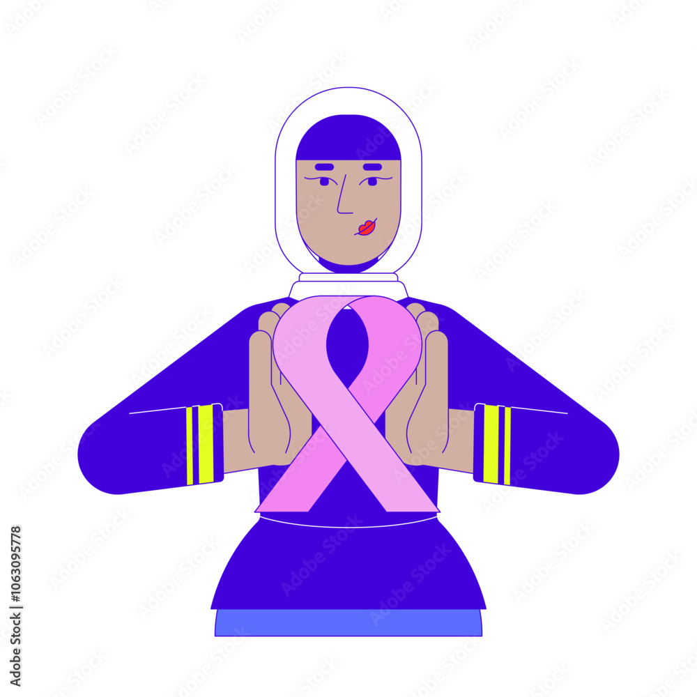 Muslim hijab woman holding pink ribbon awareness 2D cartoon character. Breast cancer survivor female arab headscarf isolated person flat vector on white background. Spot illustration colorful Muslim hijab woman holding pink ribbon awareness 2D cartoon character. Breast cancer survivor female arab headscarf isolated person flat vector on white background. Spot illustration colorful