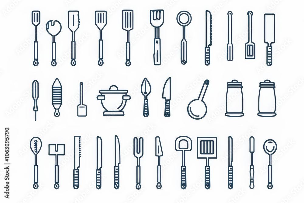 Illustration of assorted kitchen utensils and cookware in a flat design style, featuring pots, pans, and cooking tools.