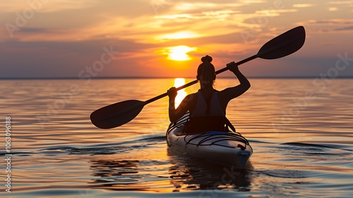 Silhouette of a woman kayaking at sunset.