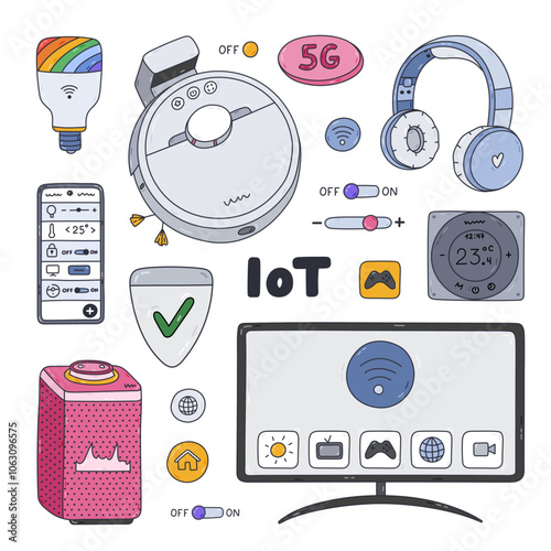 Colorful doodle set of smart devices for entertainment, cleaning house, regulate temperature, light, secure home. Hand drawn intelligence machine with remote control via telephone. Internet of things